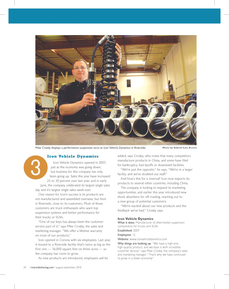 ICON Vehicle Dynamics Featured In Riverside Magazine
