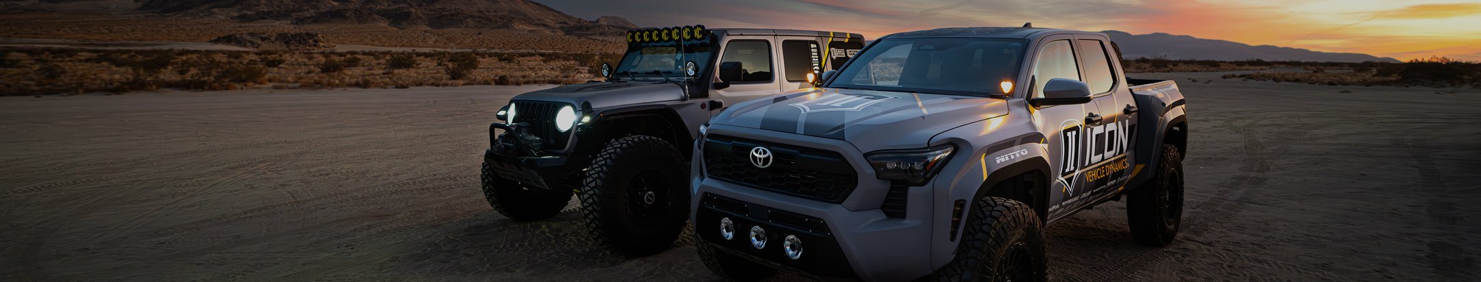 ICON-equipped Toyota trucks on ICON performance suspension at sunset